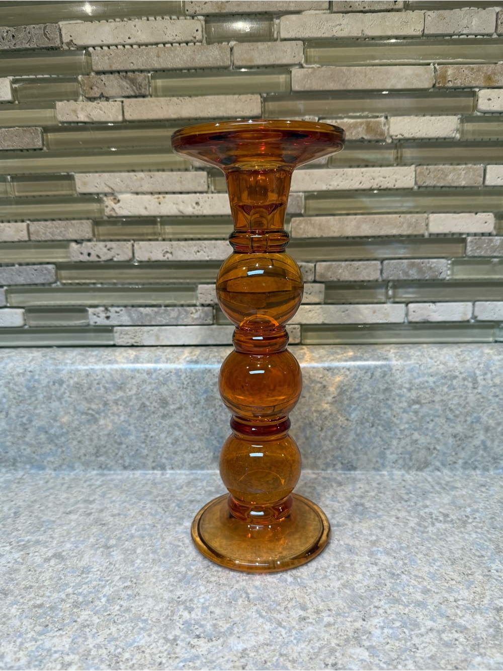 Source Unknown Amber Glass Stacked Orb Candle Holder